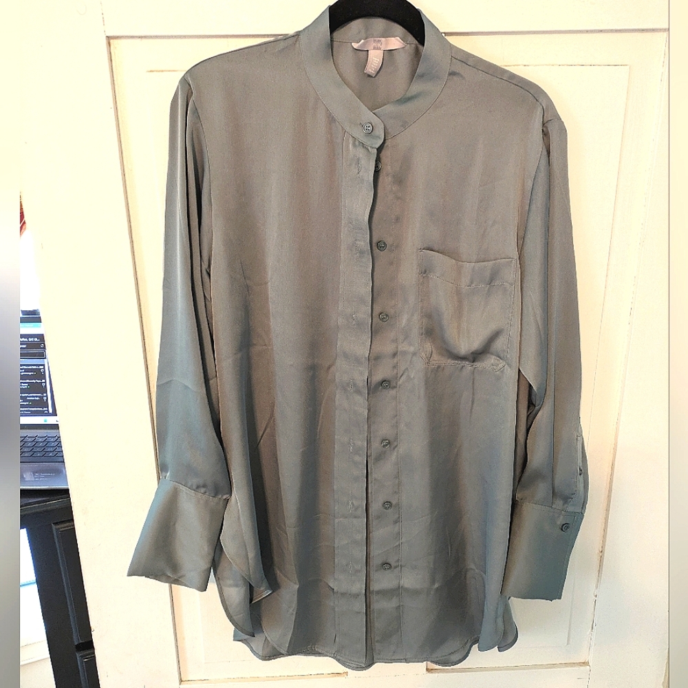 H & M Satin Feel Sage Green Blouse M NWOT